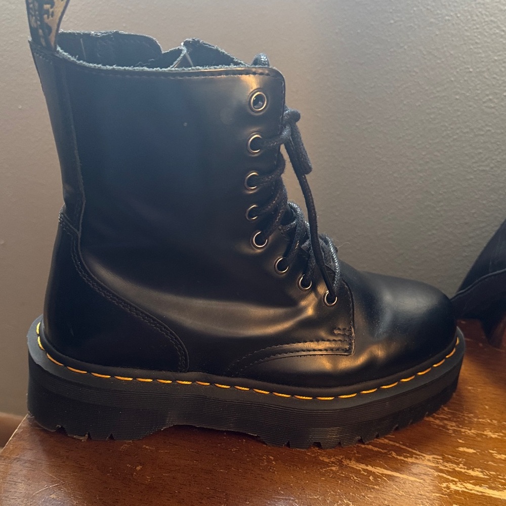Dr. Martens Black Leather Combat Boots with Yellow Stitching